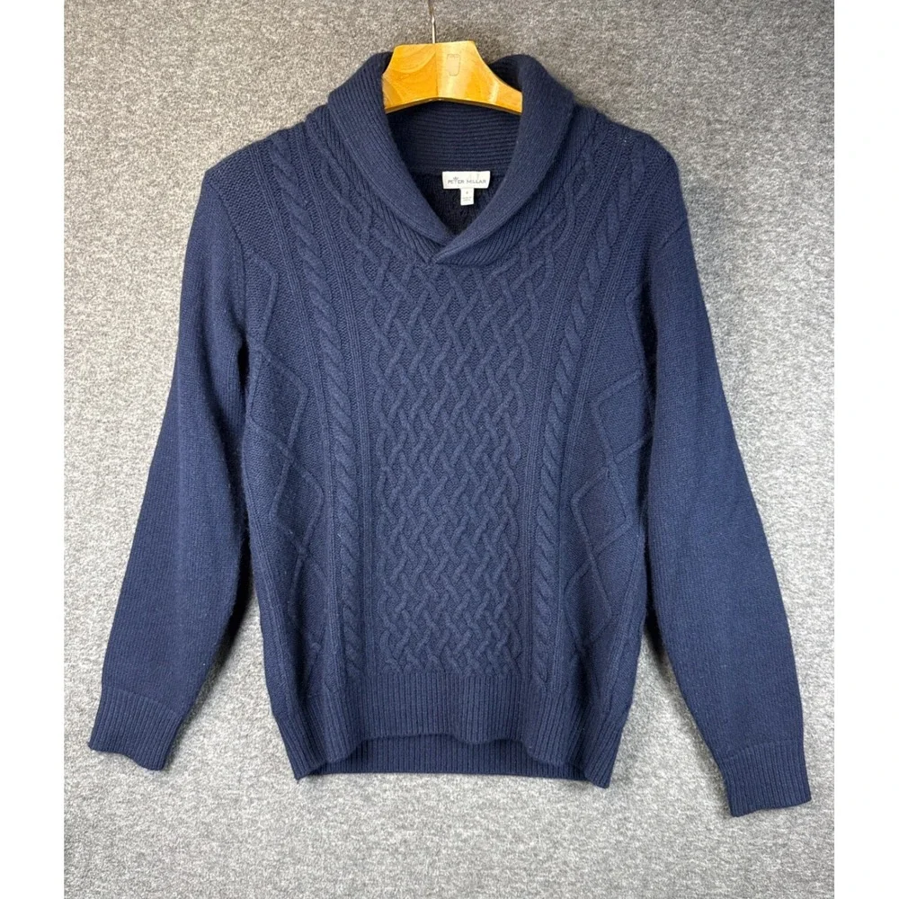 Peter‎ Millar Cable Knit Shawl Collar Sweater Blue Size S Baby Wool Yak Cashmere
